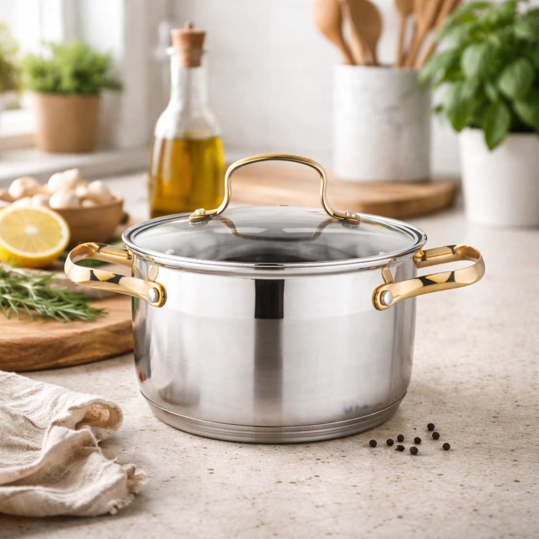 Луксозен комплект тенджери с неръждаема стомана и златисти дръжки