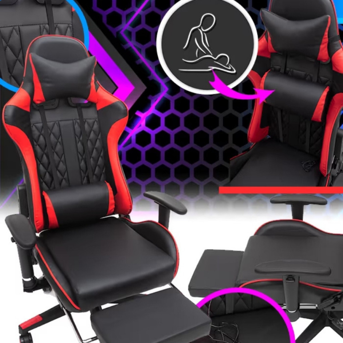 Ергономичен геймърски стол с функция за масаж и подложка за крака - червен