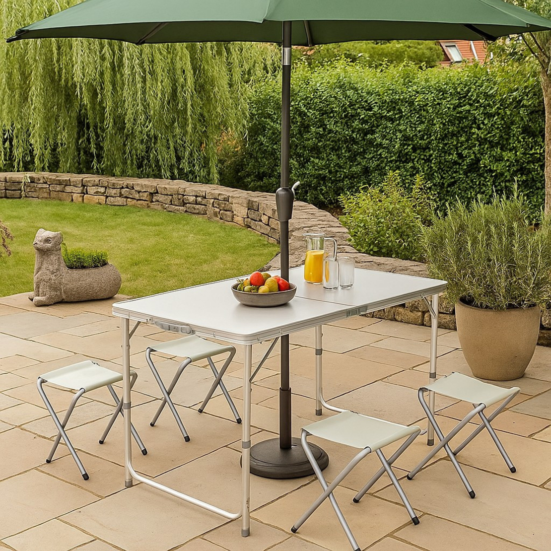 Комплект сгъваема алуминиева маса с 4 стола – идеален за къмпинг, двор и почивка