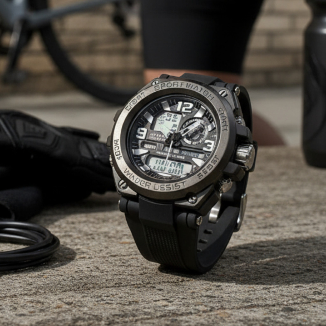 Спортен аналогово-дигитален мъжки часовник с подсветка, аларма и водоустойчив корпус