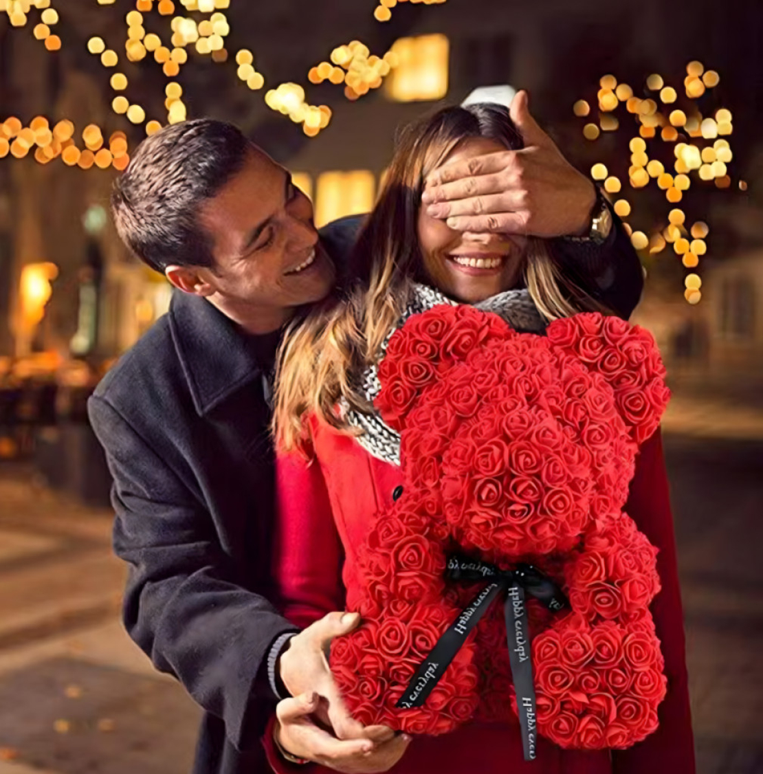 Плюшено мече с LED рози - подарък за мама, момиче, баба