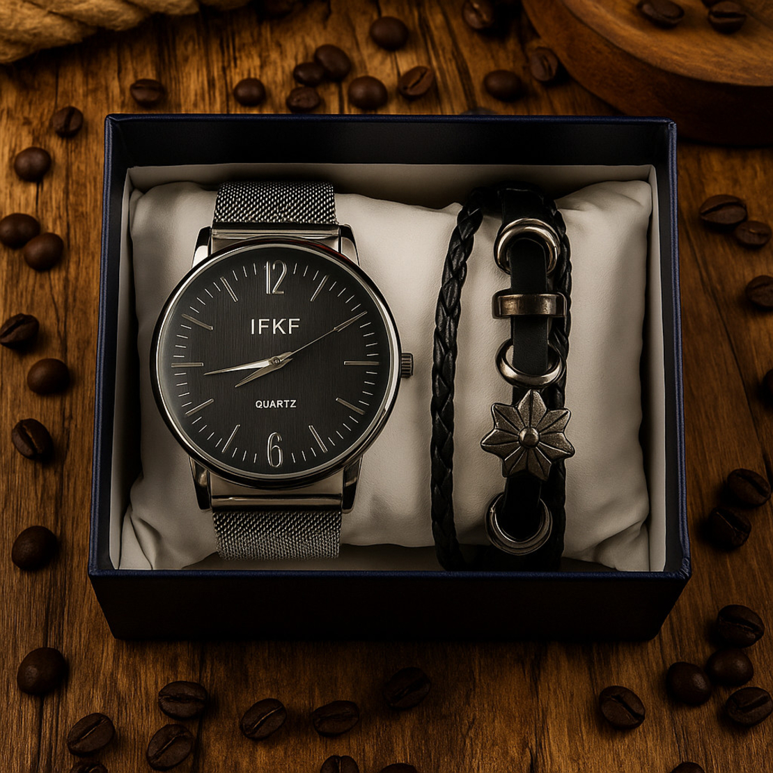 Мъжки комплект – кварцов часовник с метална верижка и стилна гривна в подаръчна кутия