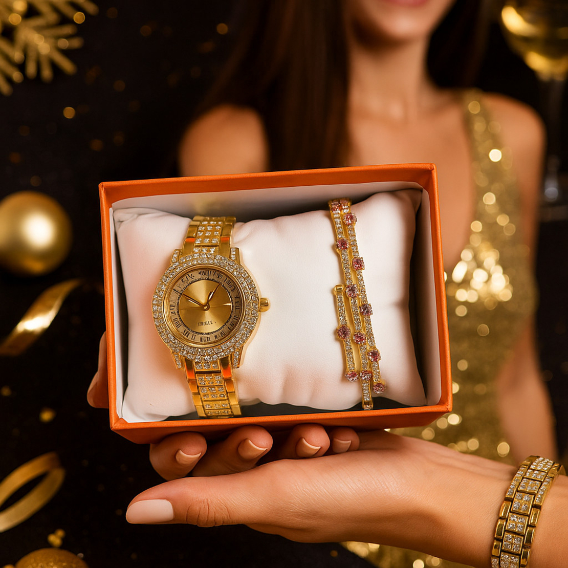 Бляскав дамски комплект часовник и гривна – съчетава елегантност и практичност