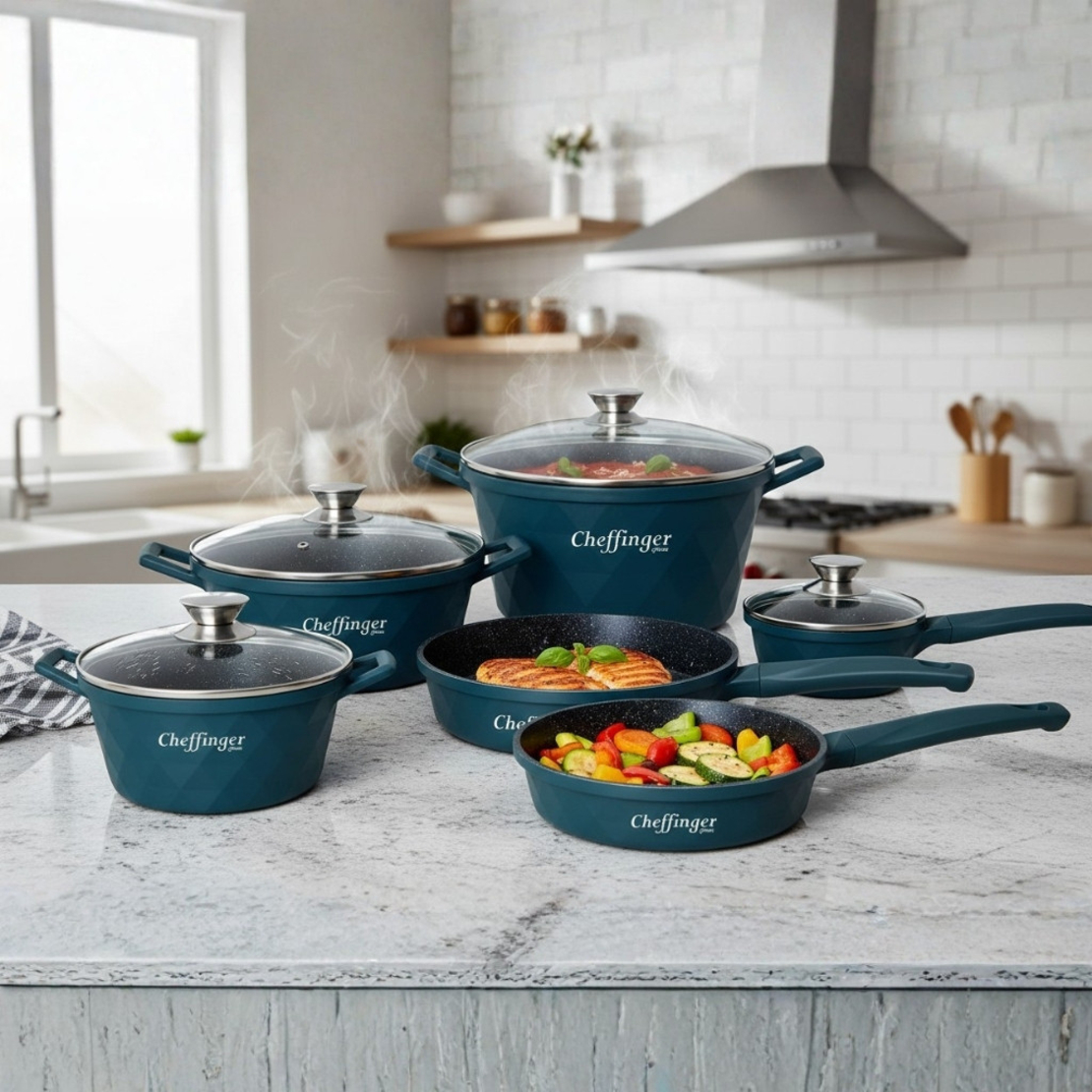 Премиум комплект съдове за готвене 12 части с мраморно покритие Cheffinger– Тенджери, тигани и касерола + 2 ръкавици