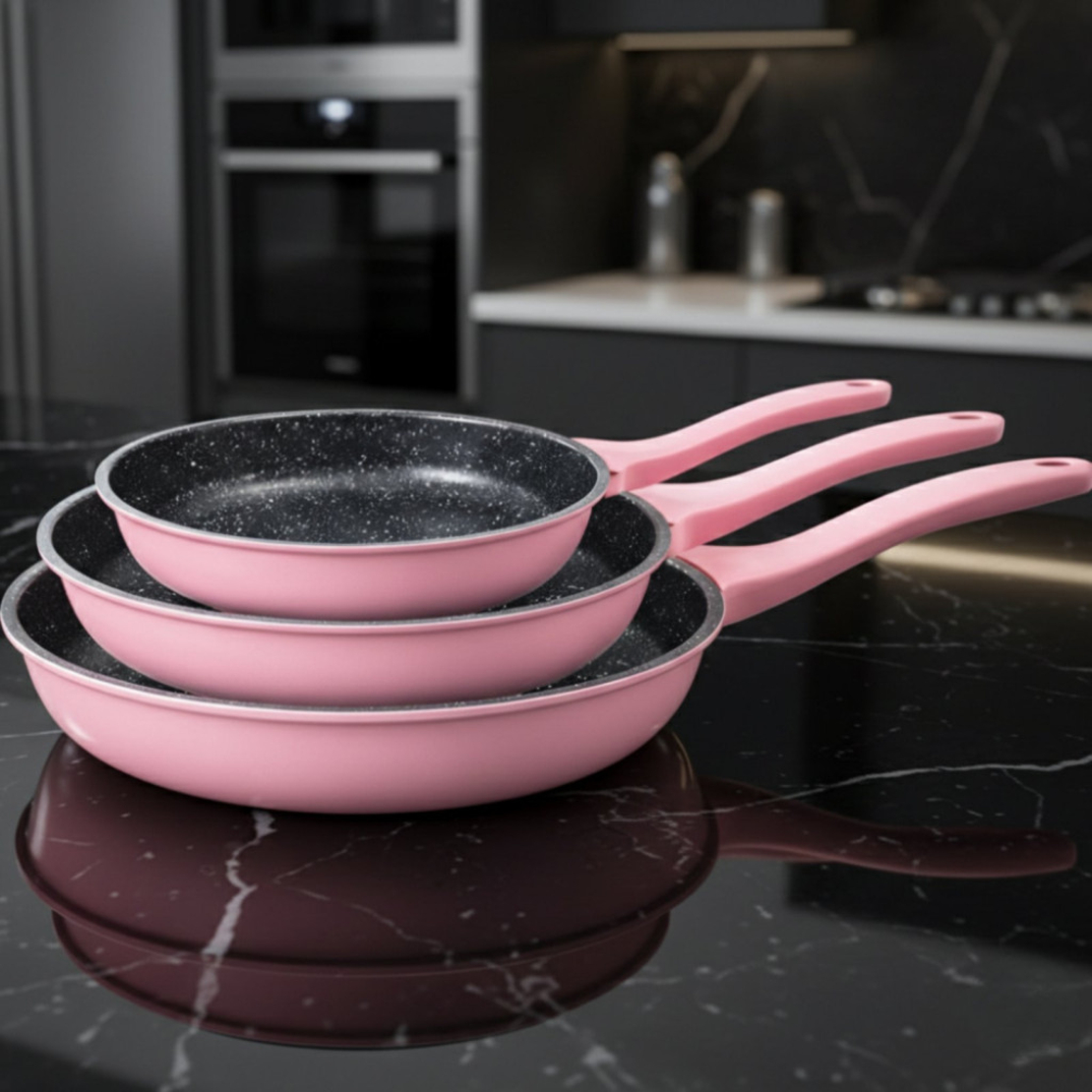 Комплект тигани Cheffinger розово с мраморно покритие – 3 части за всяка кухня - розов цвят