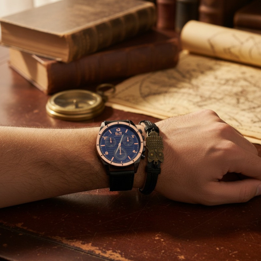 Мъжки часовник S&T Seek Time с кожена гривна – подаръчен комплект