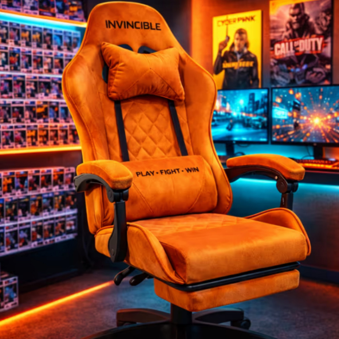 Оранжев велурен геймърски стол с поставка за крака – ергономичен, метална рамка