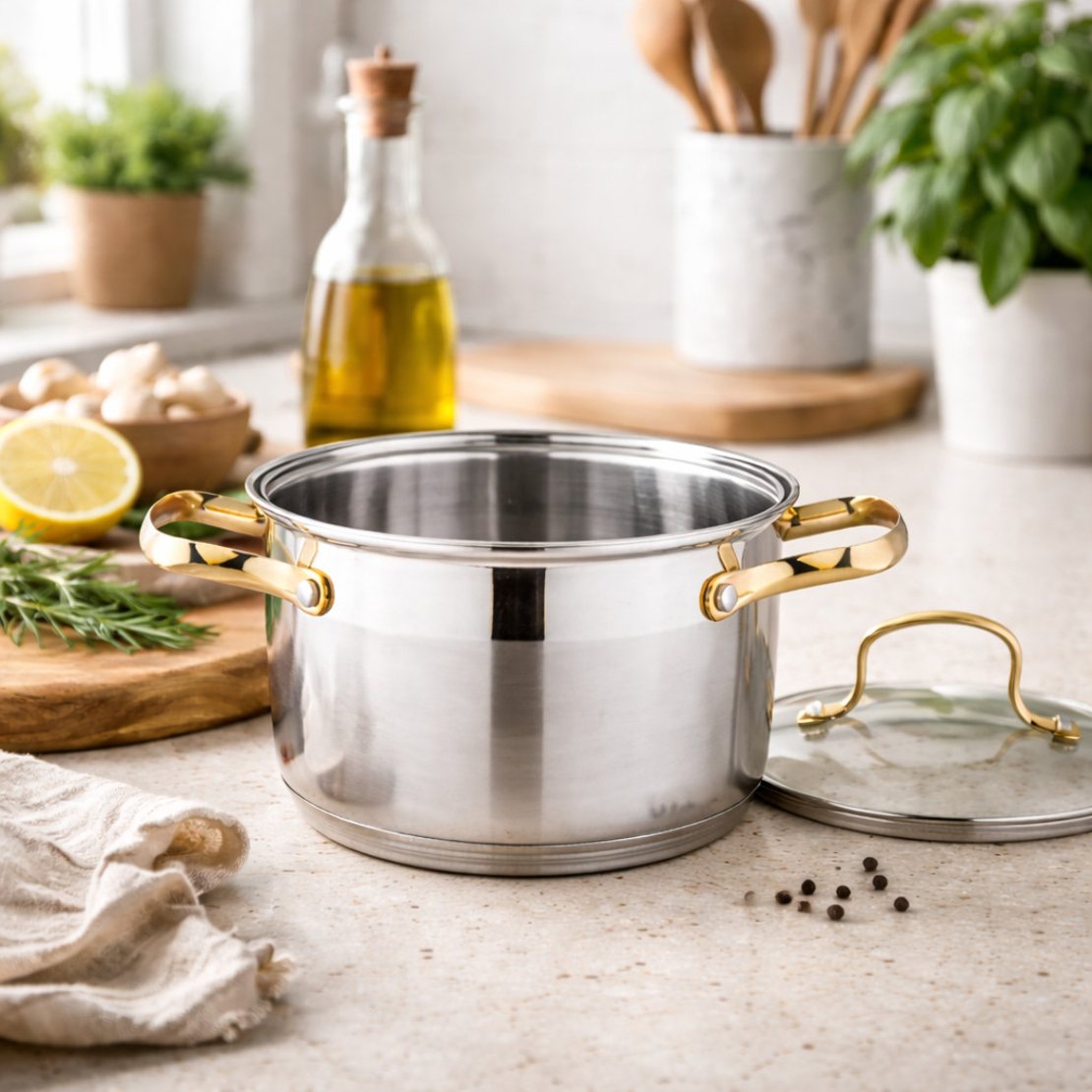 Луксозен комплект тенджери с неръждаема стомана и златисти дръжки