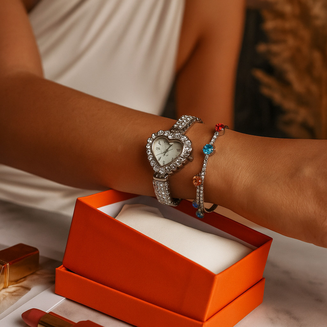 Сърцевиден дамски часовник с гривна и кристали – стил и практичност в кутия
