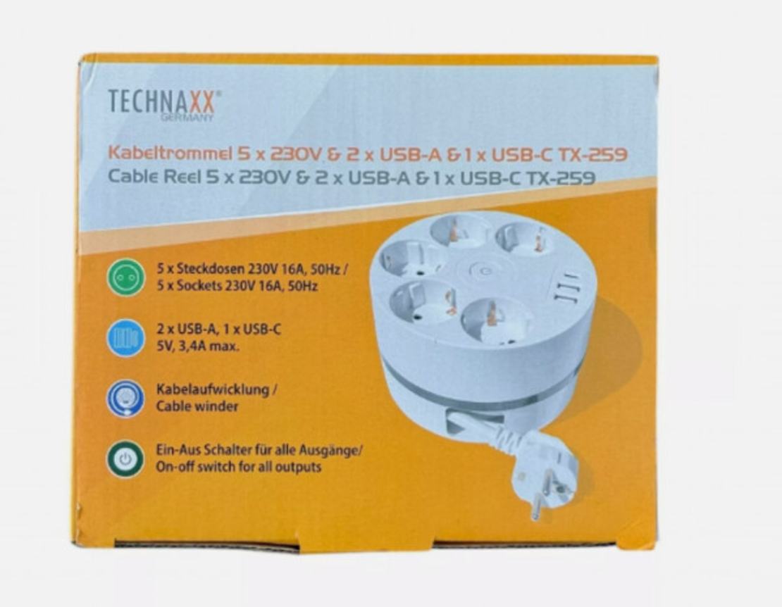 Кабелна макара Technaxx, с множество гнезда, удължителен кабел 140 cm, USB 5x 230V
