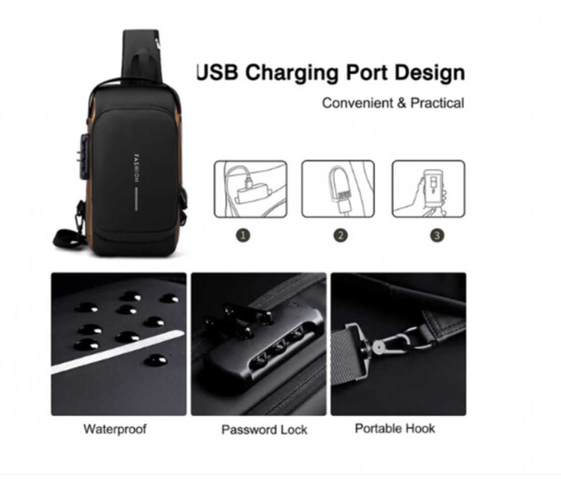 Мъжка чанта за през рамо, Crossbody, с USB поддръжка за зареждане
