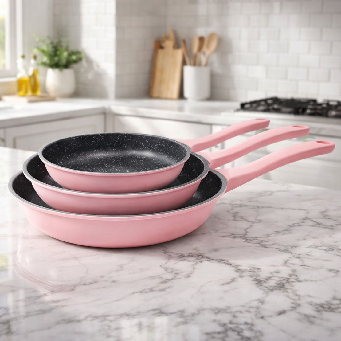 Комплект тигани Cheffinger розово с мраморно покритие – 3 части за всяка кухня - розов цвят
