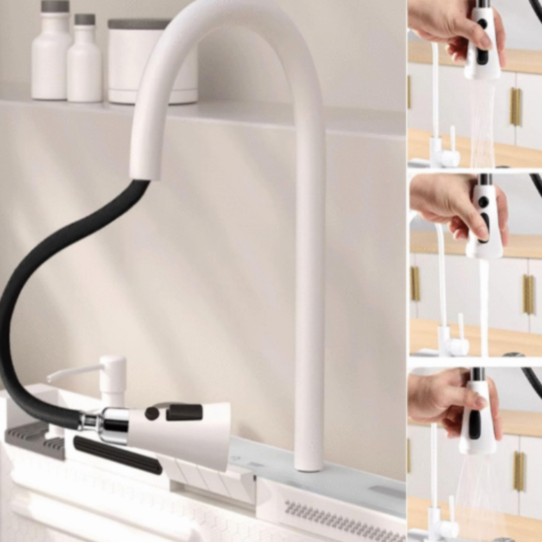 Умна кухненска мивка с изтеглящ се кран – LED дисплей, водопад, филтрирана вода и пълен комплект за модерна кухня