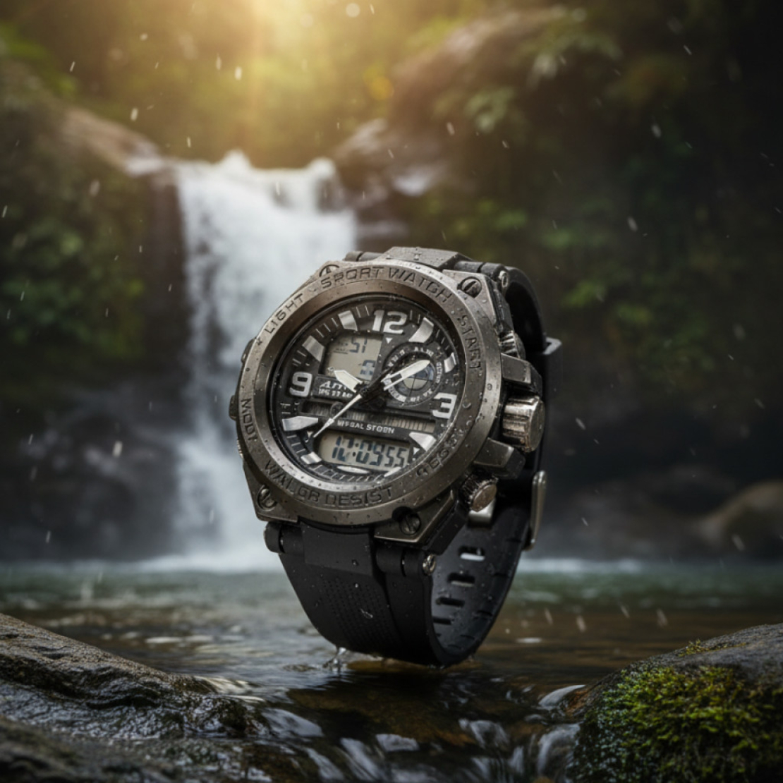 Спортен аналогово-дигитален мъжки часовник с подсветка, аларма и водоустойчив корпус