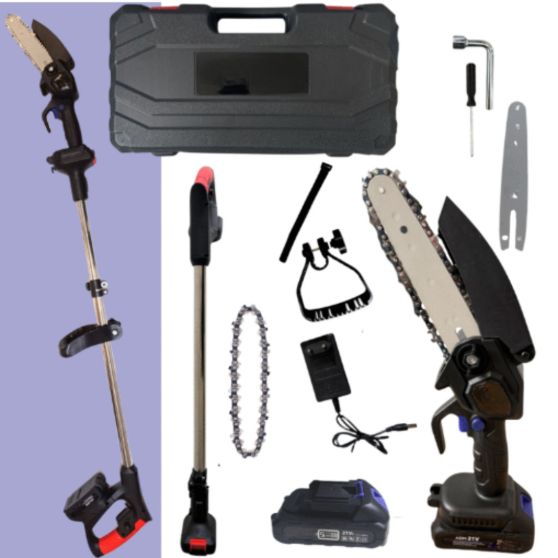 Акумулаторен мини верижен трион с телескопичен прът 21V – комплект за безопасно рязане на клони и дърва