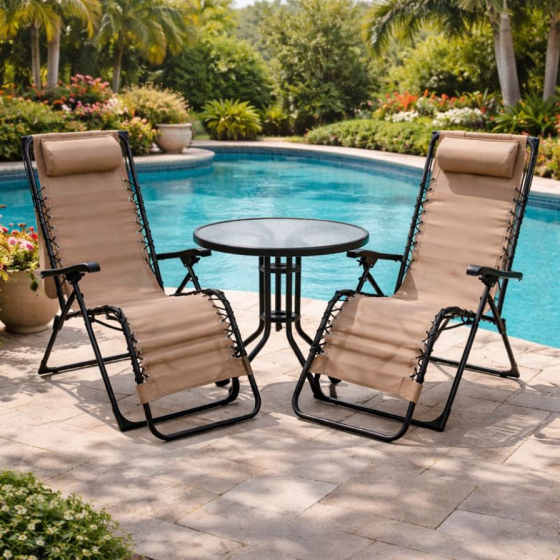 Комплект за релакс на открито: 2 сгъваеми шезлонга с нулева гравитация CHAIR3 и стилна масичка за кафе