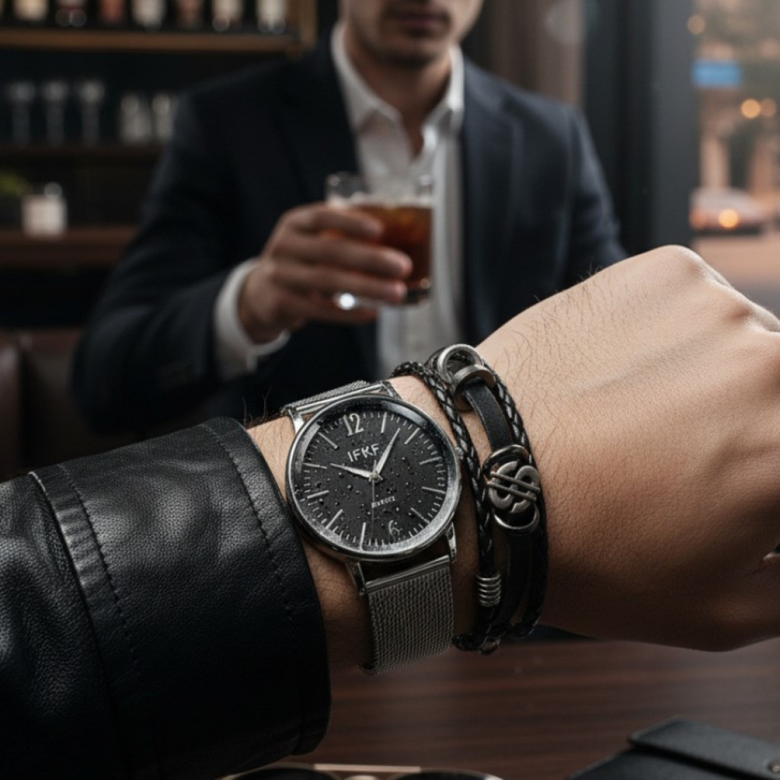 Мъжки комплект – кварцов часовник с метална верижка и стилна гривна в подаръчна кутия