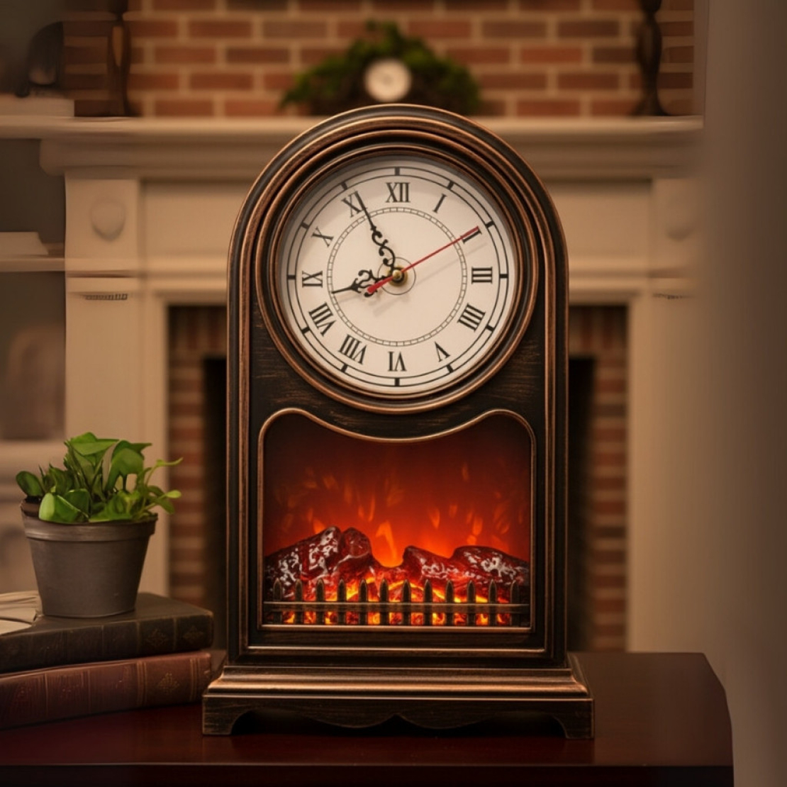Винтидж настолен часовник с LED камина – уют и стил в едно