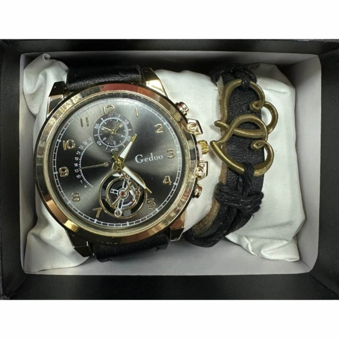 Елегантен мъжки комплект – часовник с черна каишка и гривна с метален щит