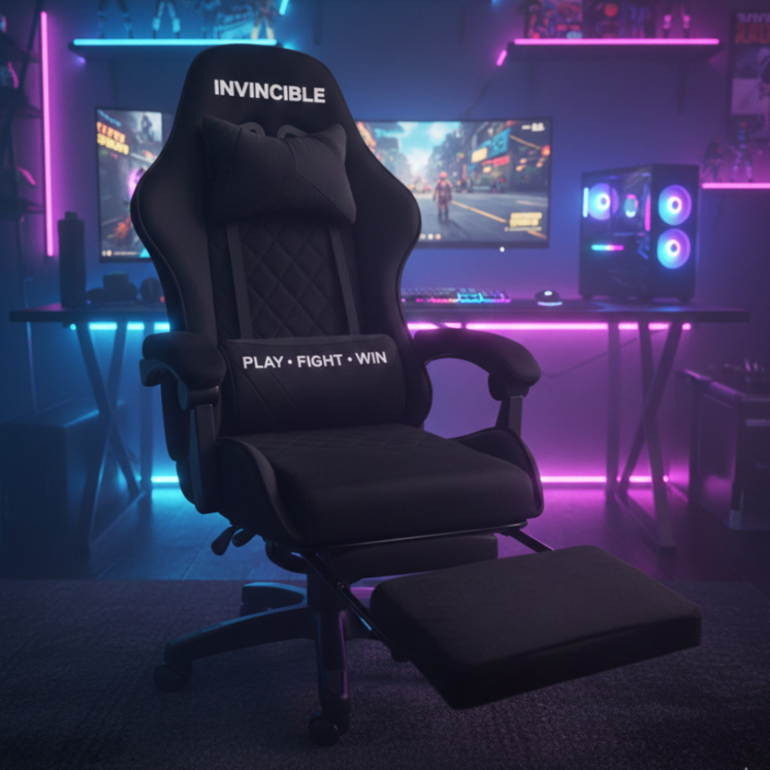 Черен геймърски стол с регулируема височина, лумбална възглавница и метална основа