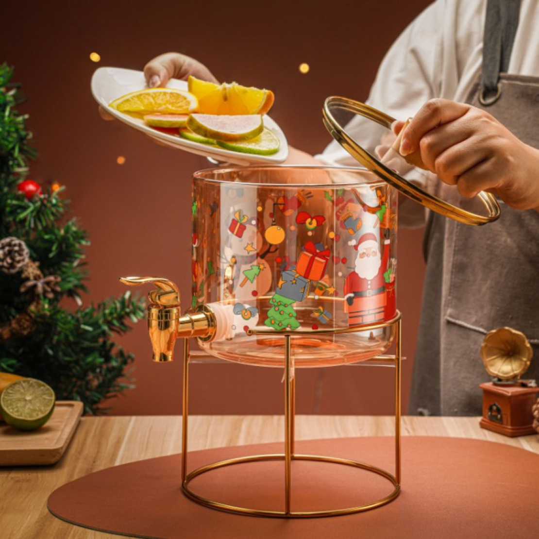 Стъклен диспенсър за напитки 2.6 L с коледен дизайн и златиста стойка