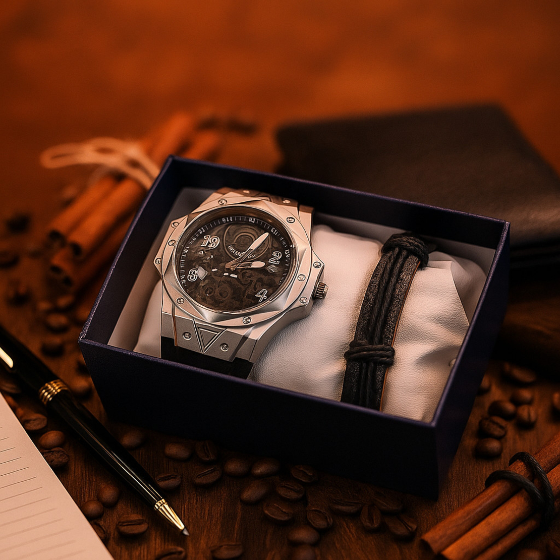 Мъжки подаръчен комплект – стилен часовник и черна гривна