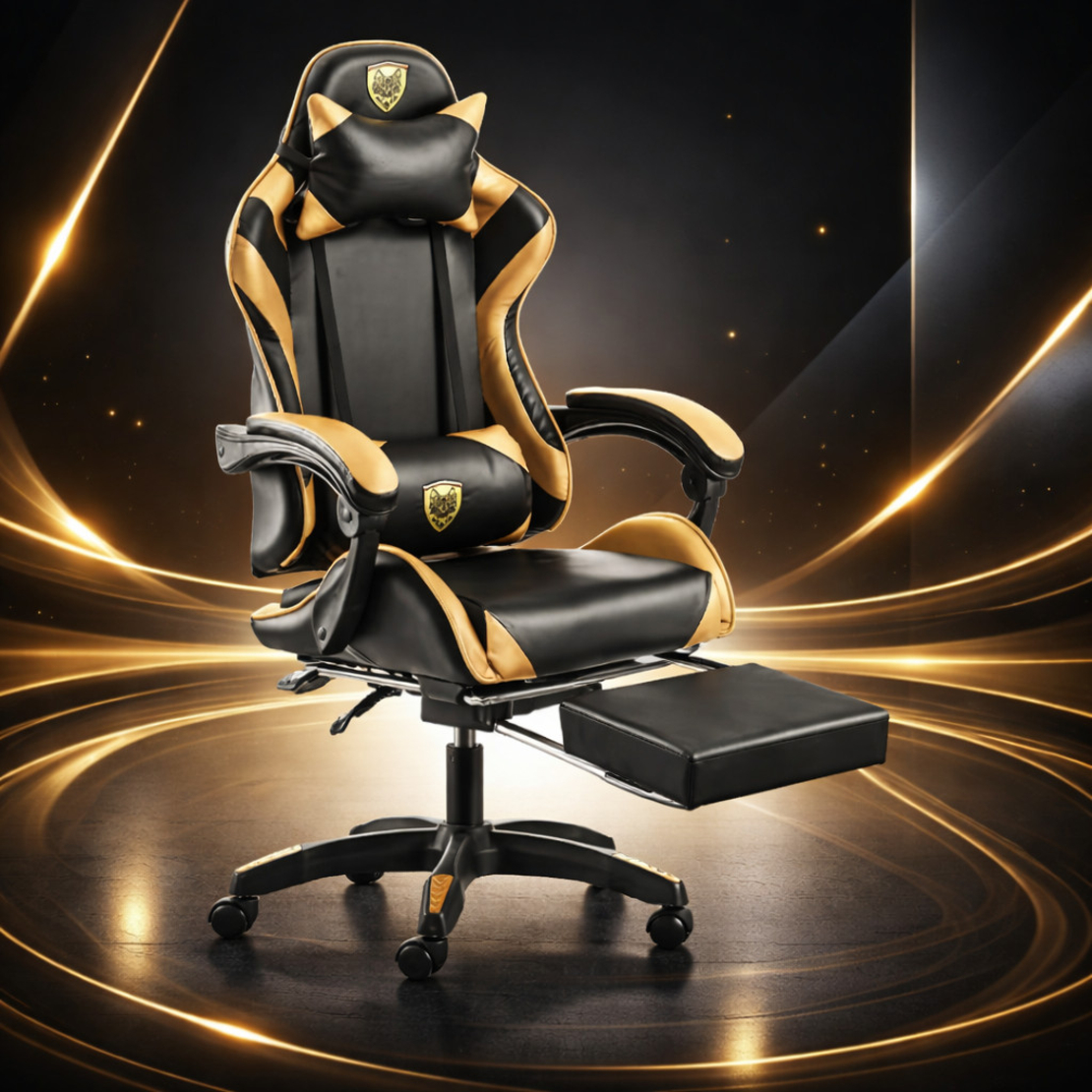 Черен геймърски стол с златисти акценти и разтегляема поставка за крака – луксозен комфорт без компромис
