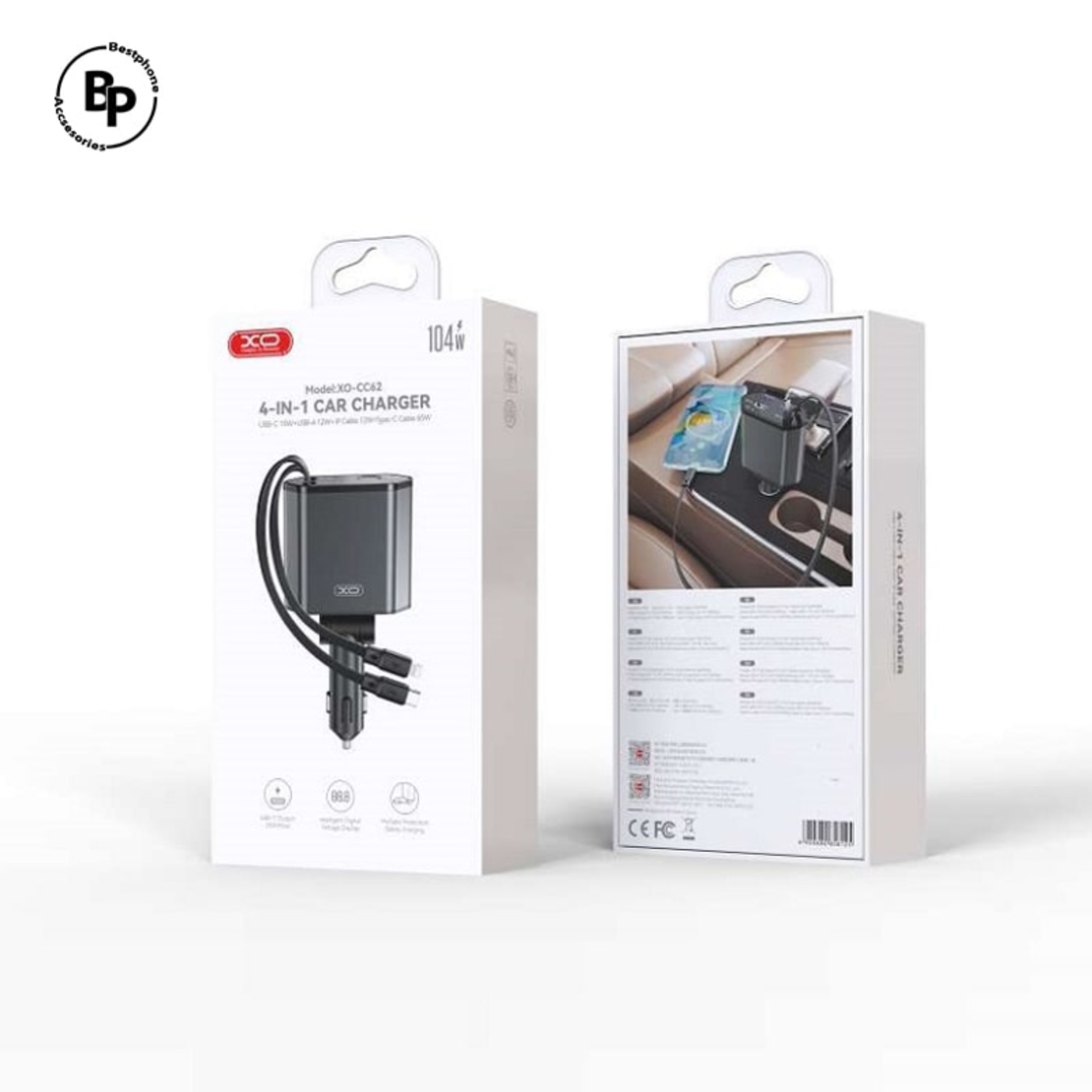 Зарядно за кола XO CC62 Гнезда Usb/Type-C, Кабел Type-C / Lightning (104W) Grey