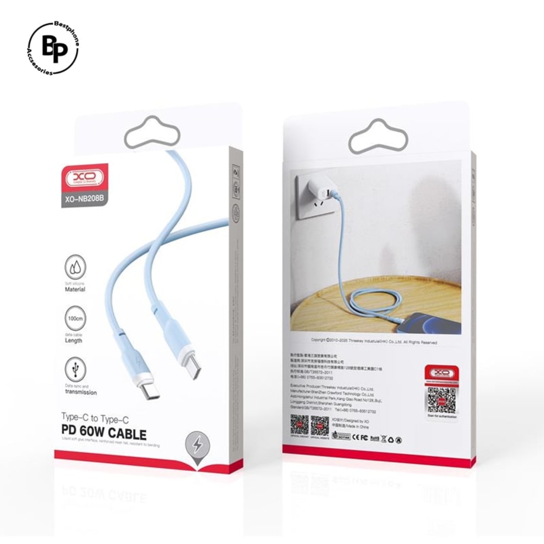 Кабел XO NB208B Type-C - Type-C,(1m) (60W) Blue