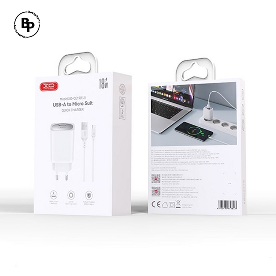 Зарядно XO CE19 QC ,Кабел Usb - Micro (18W) White