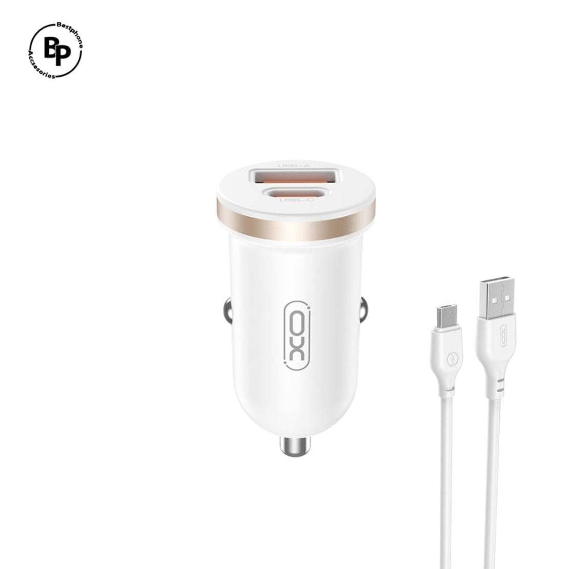 Зарядно за кола XO CC56, Двойно Гнездо USB / Usb-C, Кабел USB - Micro (30W) White