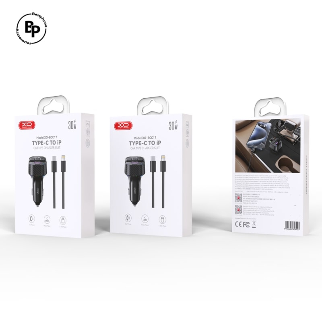 Зарядно за кола XO FM BCC17 Bluetooth MP3, трансмитер (30W), Кабел Type-C - Type-C Black