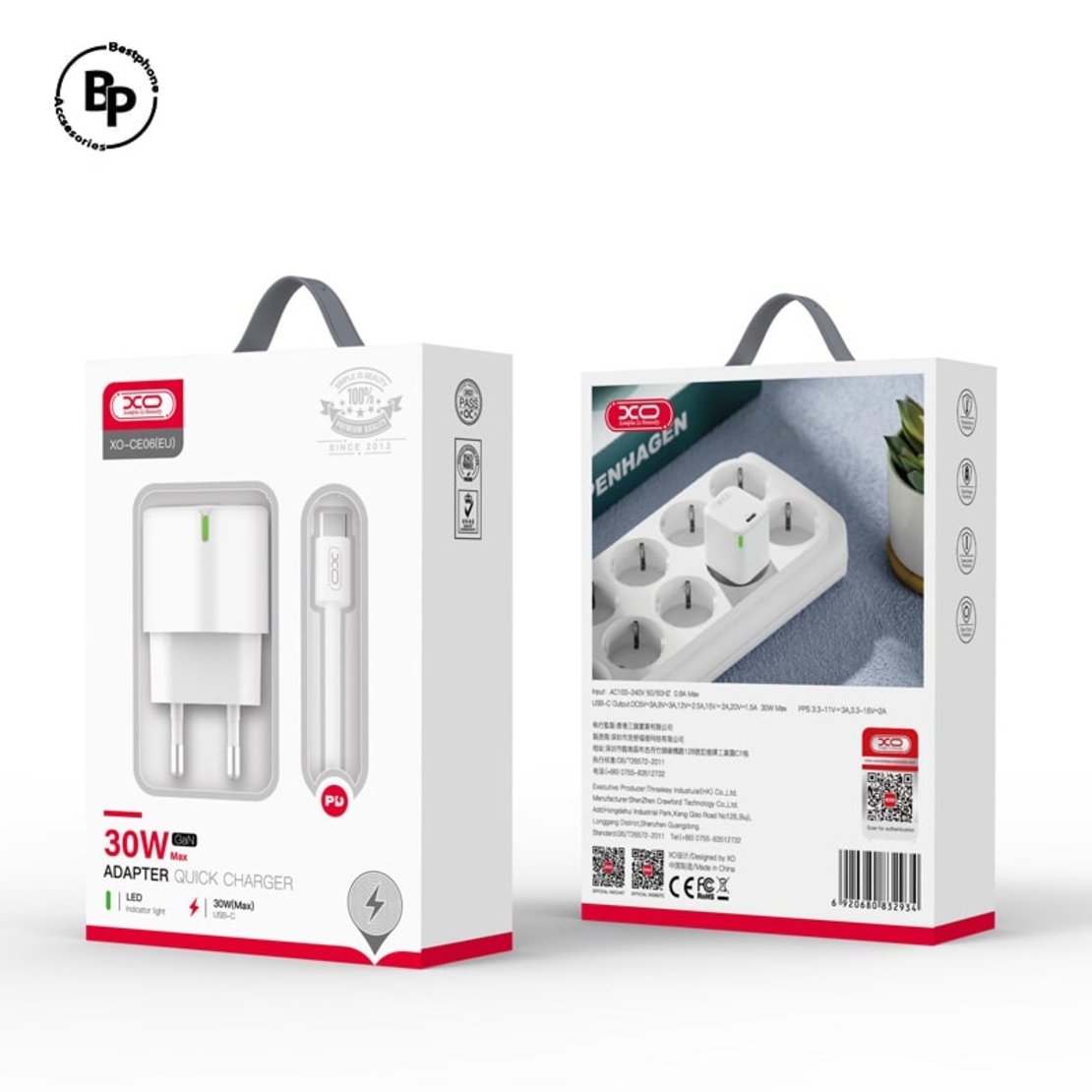 Зарядно XO CE06 PD, Type-C - Type-C (30W) White