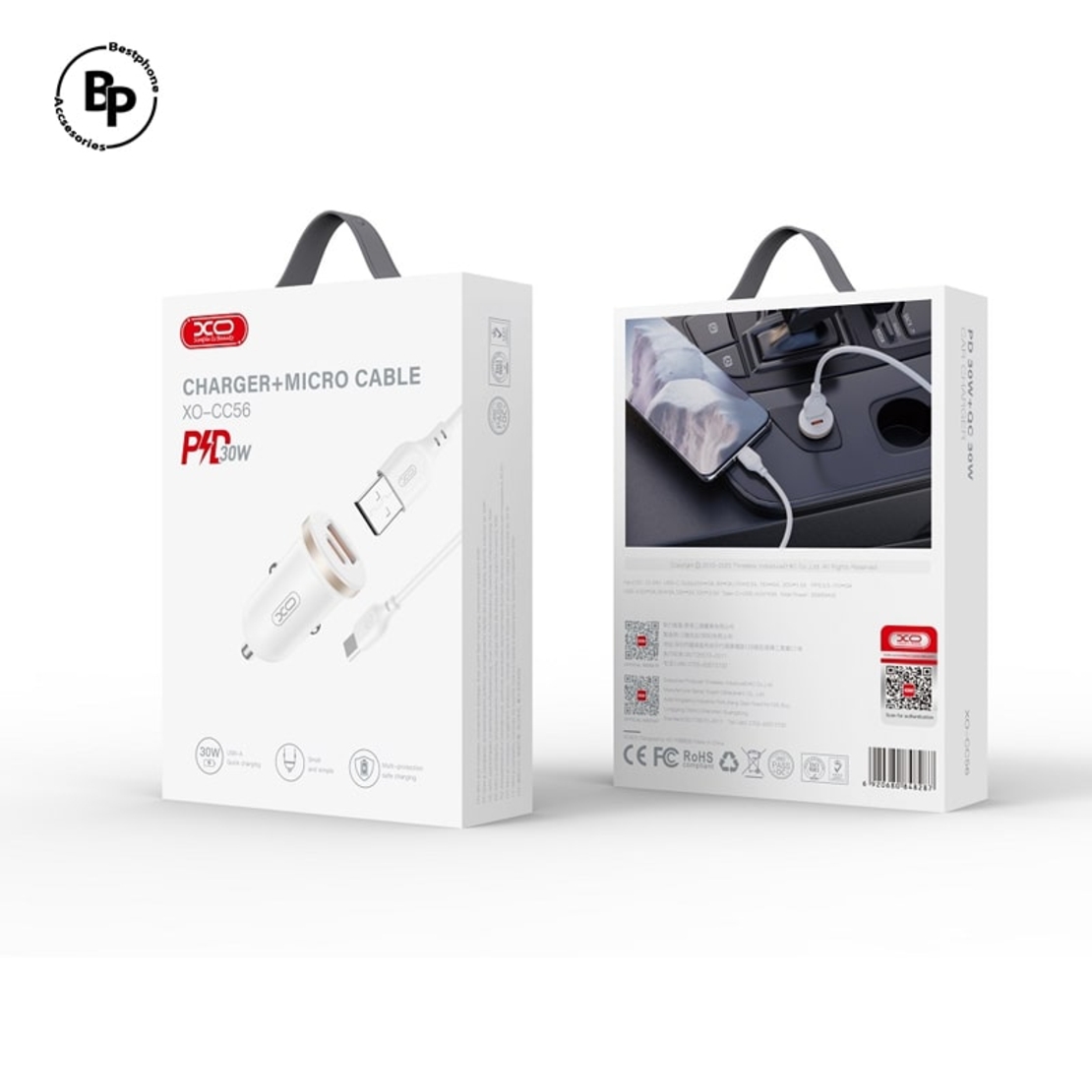 Зарядно за кола XO CC56, Двойно Гнездо USB / Usb-C, Кабел USB - Micro (30W) White