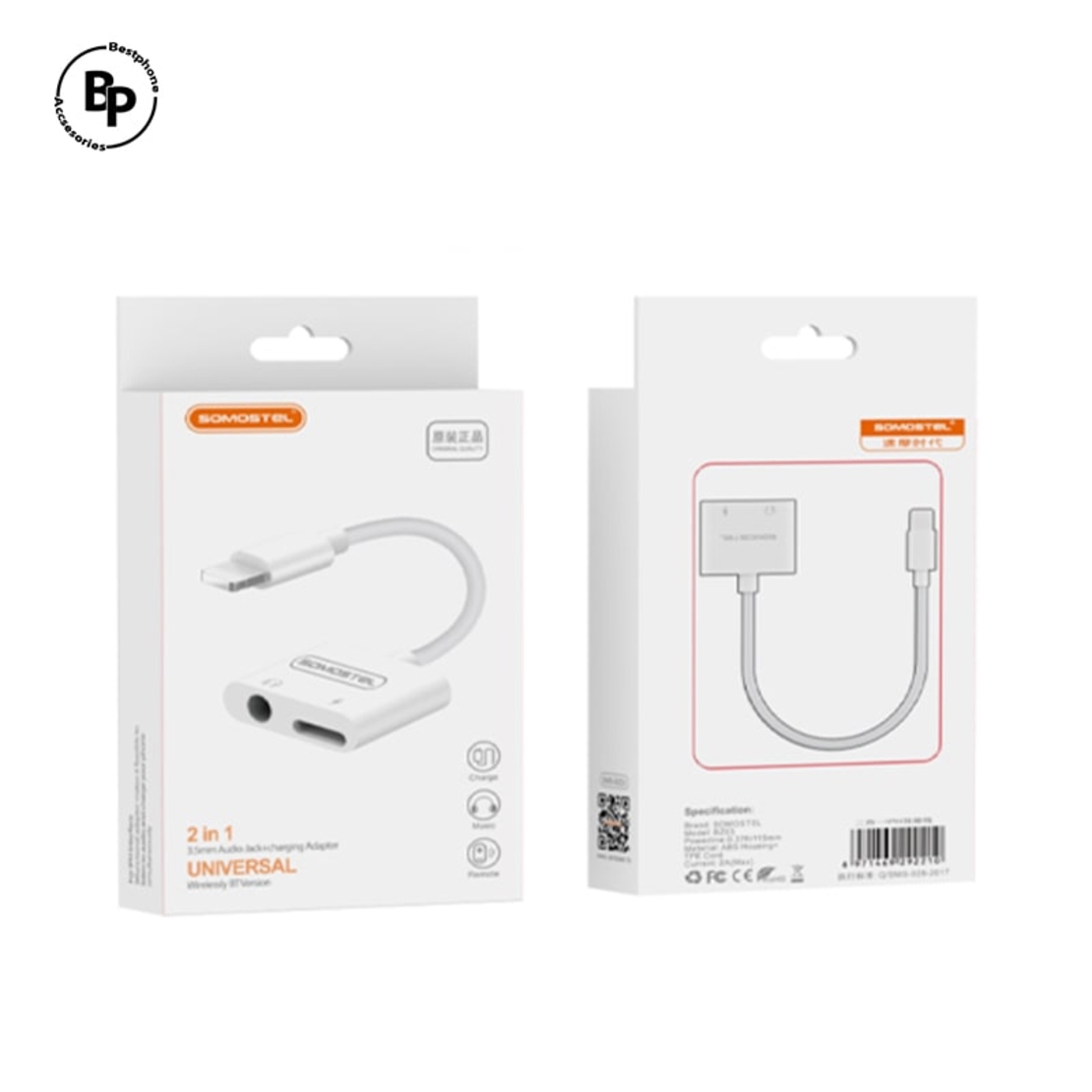 Прех
одник Somostel Lightning 2 в 1 (Аудио джак + Зарядно) White