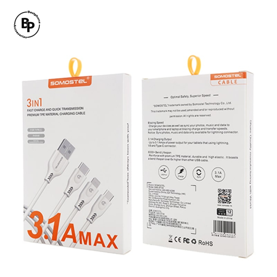 Кабел Somostel SMS-BT08 с троен накрайник за зараждана и прех
върляне на данни White