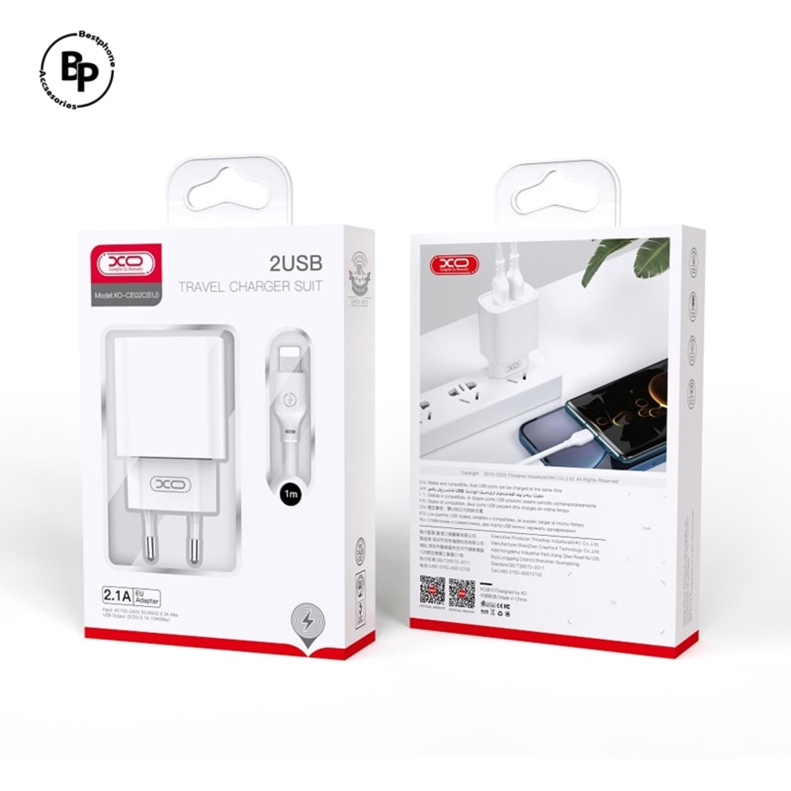 Зарядно XO CE02C, Двойни USB гнезда, USB - Micro (10.5W) (2.1A) White