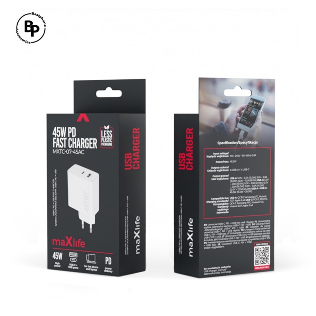 Адаптер Maxlife MXTC-07 Гнезда USB / Type-C (45W) White