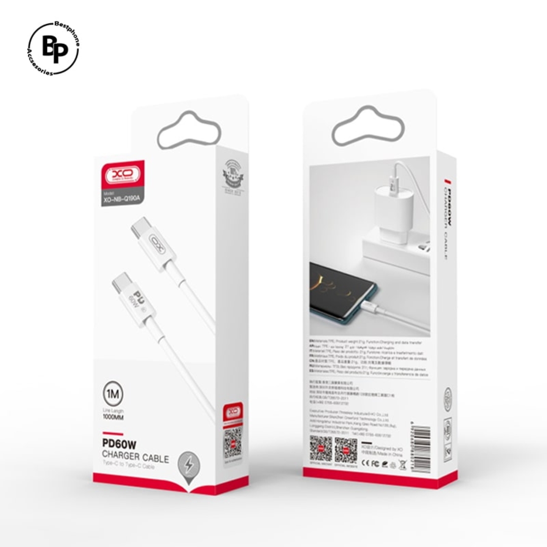 Кабел XO NB-Q190A PD Type-C - Type-C (1.0m) 60W White