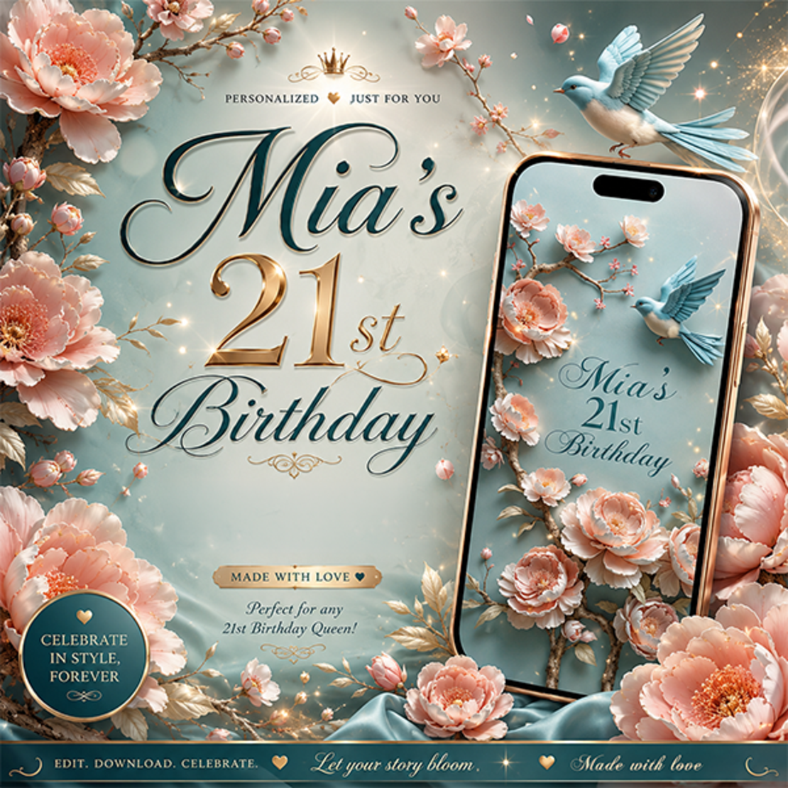 21st Birthday Video Invitation | Personalized Elegant Floral Digital Invite