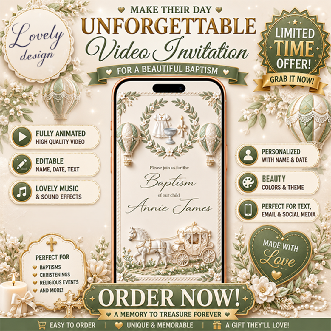 Animated Baptism Video Invitation , Hot Air Balloon & Carriage Christening Digital Invite, Luxury Sage Green Floral Mobile Evite