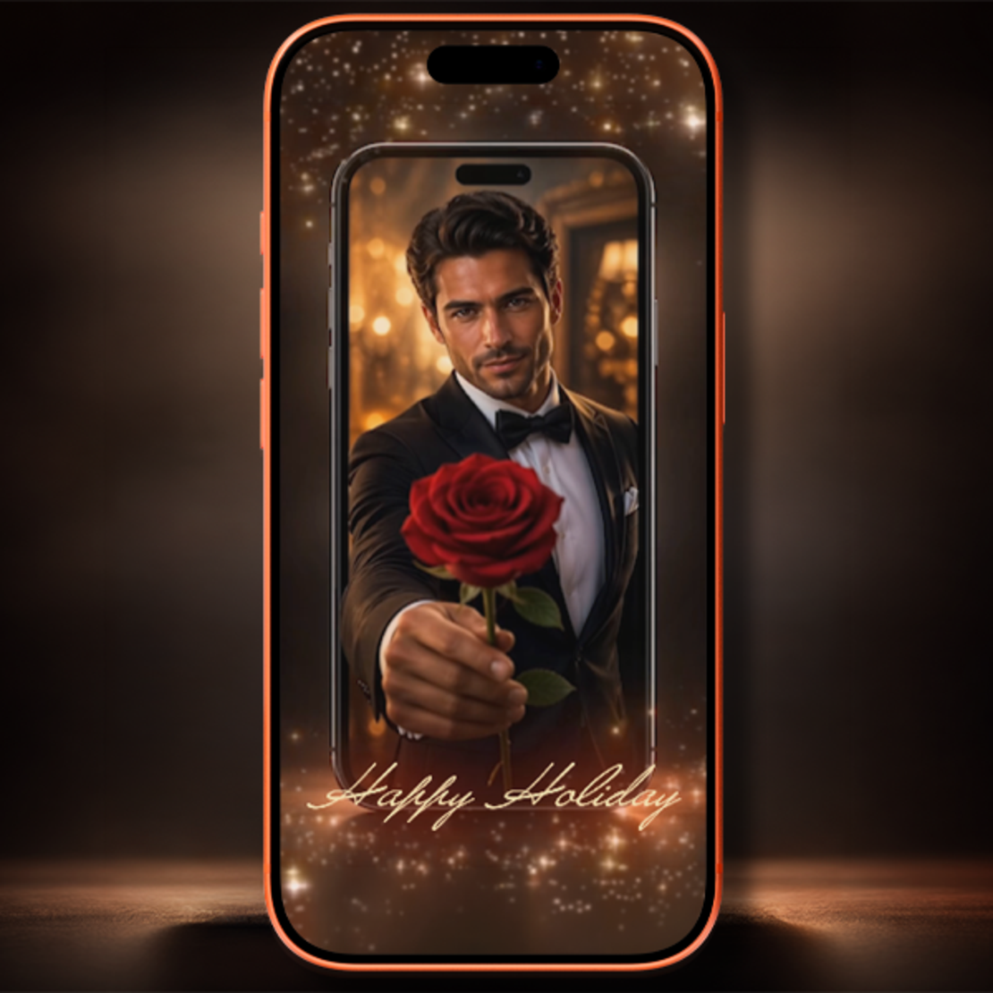 Elegant 3D Digital Happy Holiday Card – Sophisticated Gentleman with Rose Video