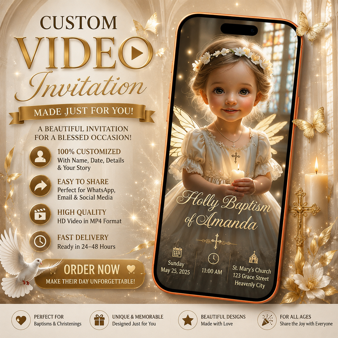Baby Girl Christening Video Invitation | Elegant Personalized Baptism Invite