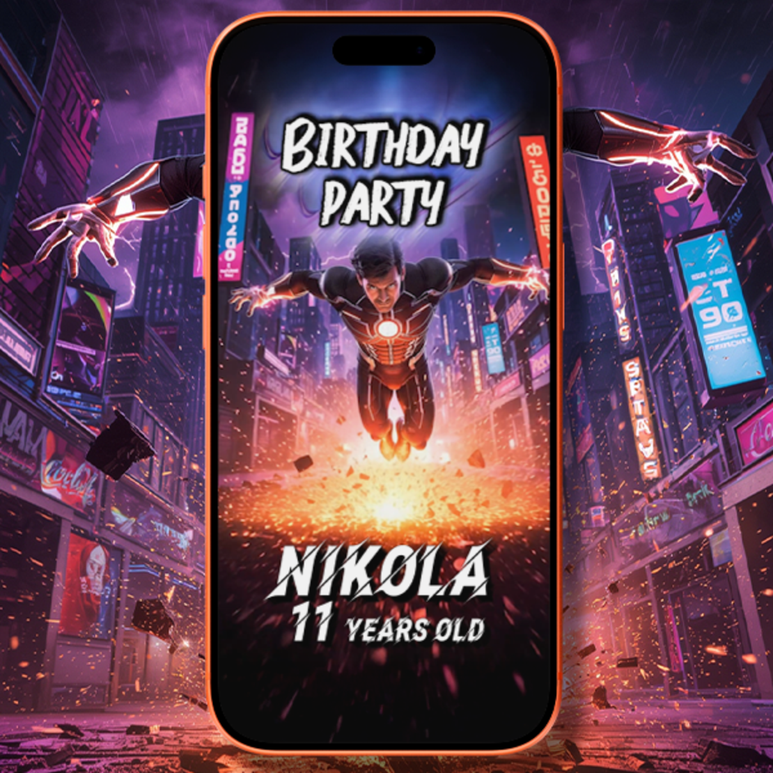 Comics Superhero Digital Video Birthday Invitation for Kids – Custom Animated Superhero Party E-Invite