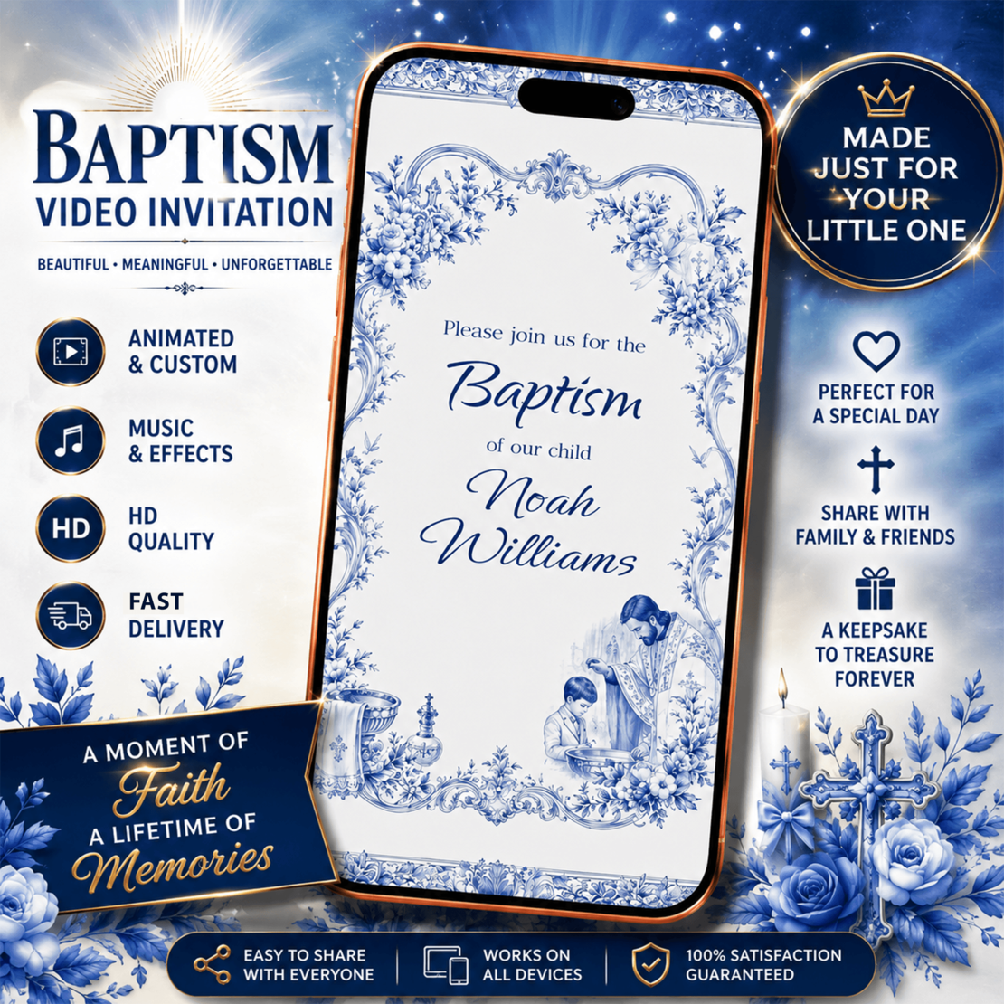 Blue Chinoiserie Boy Baptism Video Invitation, Elegant Toile de Jouy Christening Electronic Invite, Digital Smartphone Baptismal Announcement Template