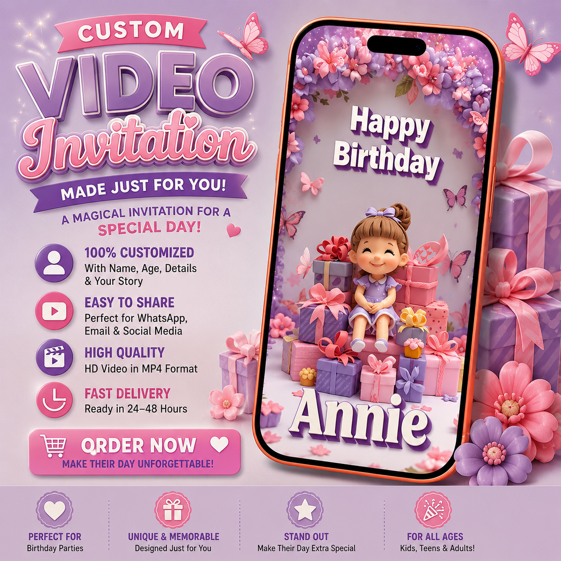Cute Doll Birthday Video Invitation for Girls | Personalized Digital Party Invite