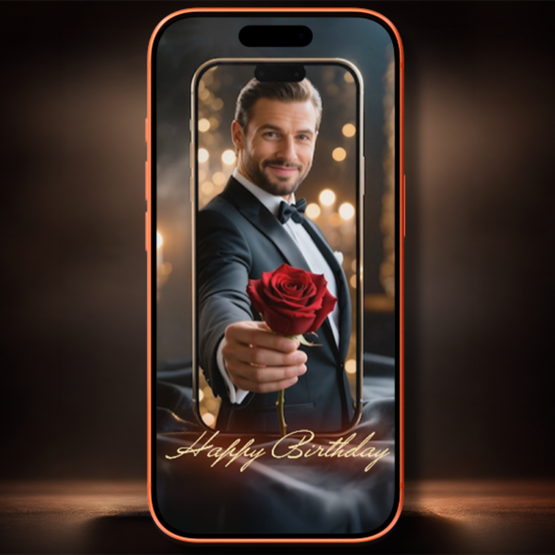 Amazing 3D Birthday Video Card – Elegant Gentleman Popping Out of Phone with Rose – Unique Digital Gift