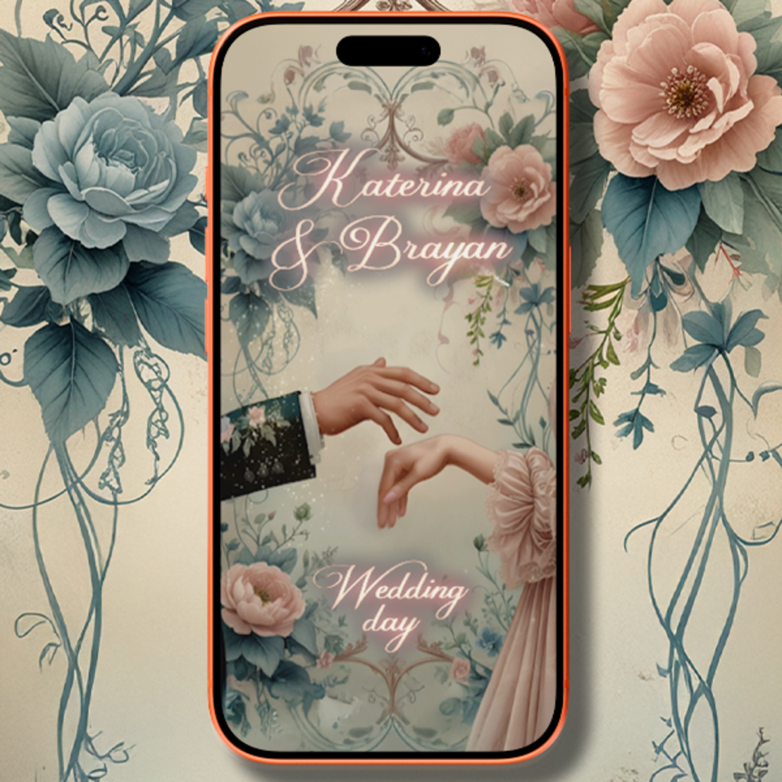 Renaissance Style Wedding Invitation – Elegant Hands & Dusty Rose Florals