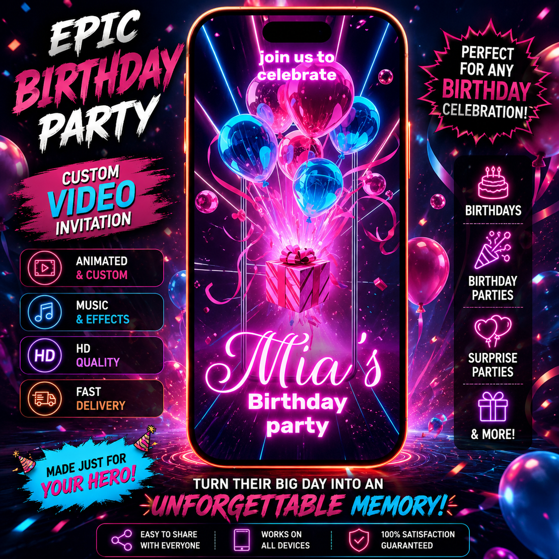 3D Neon Glow Birthday Video Invitation for Mobile