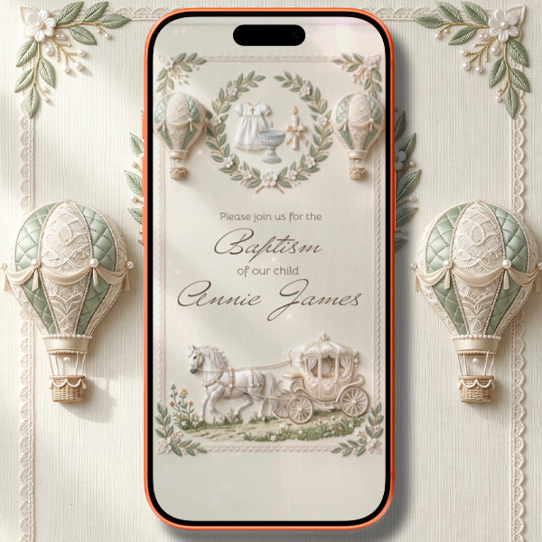 Animated Baptism Video Invitation , Hot Air Balloon & Carriage Christening Digital Invite, Luxury Sage Green Floral Mobile Evite